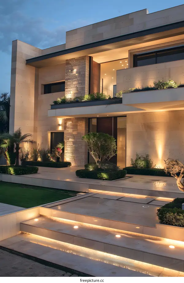 Modern Luxury Home Exterior With Stone Facade And Landscaped Garden