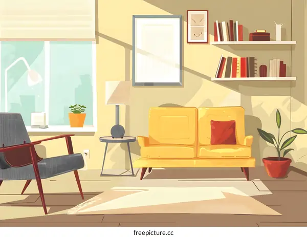 Modern Living Room Illustration With Yellow Sofa and Bookshelf