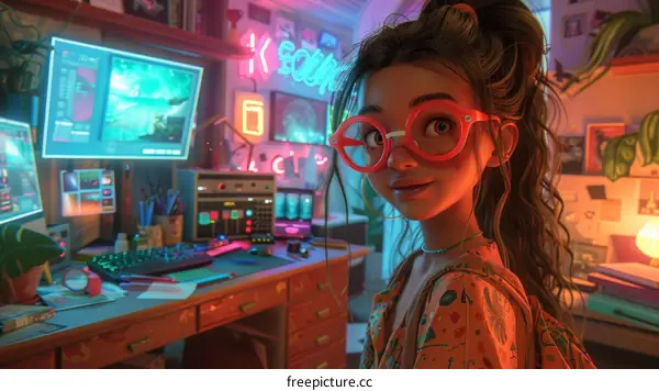 Girl wearing glasses in front of computer