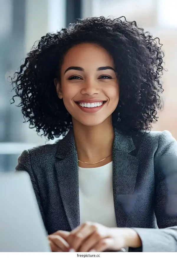 Smiling Black Woman in Business Attire Sitting in Office