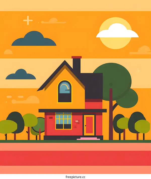 Flat Design Illustration of a House with a Yellow Wall and Red Brick