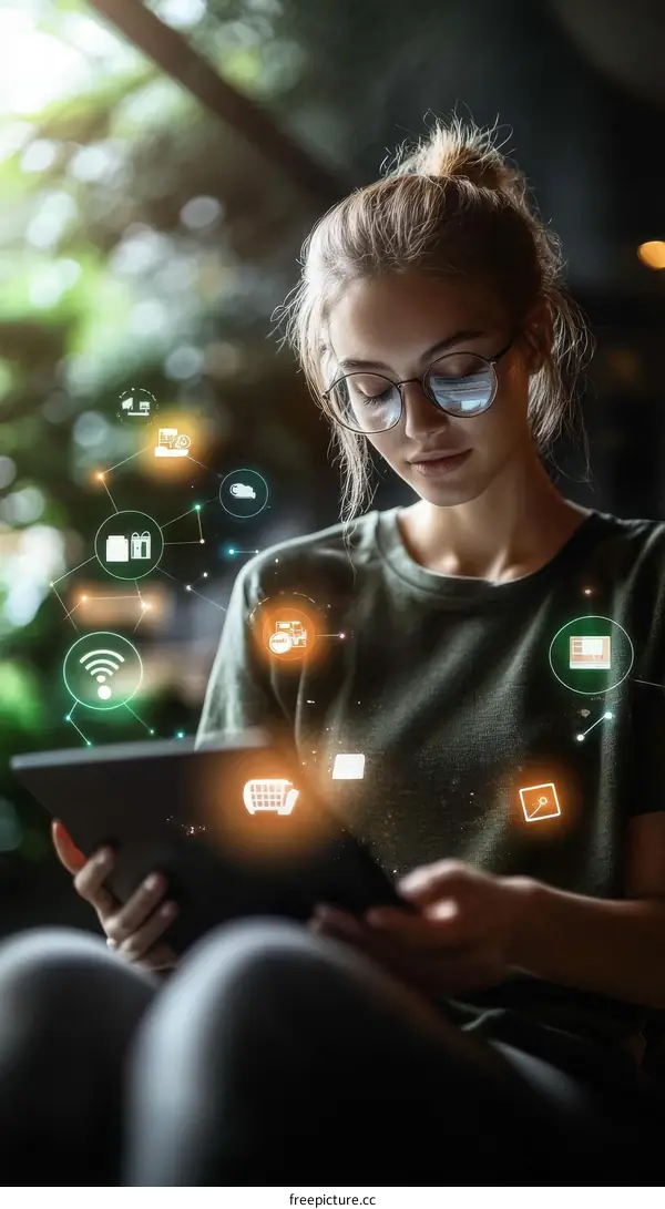 Young Woman Using Digital Tablet with Holographic Icons