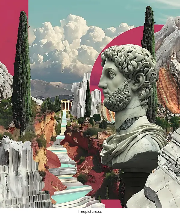 Ancient Roman Bust in Surrealistic Landscape
