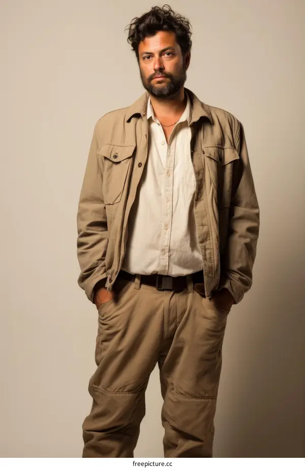 Portrait of a man in khaki shirt and pants