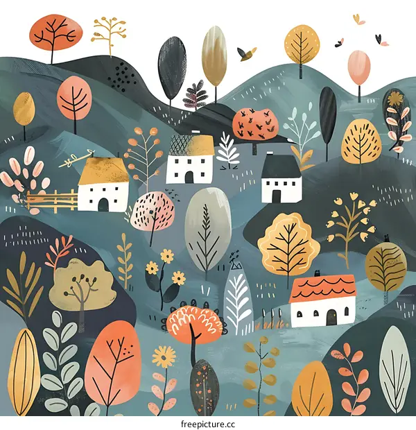 Cute Hand Drawn Illustration of Colorful Autumn Landscape with Houses