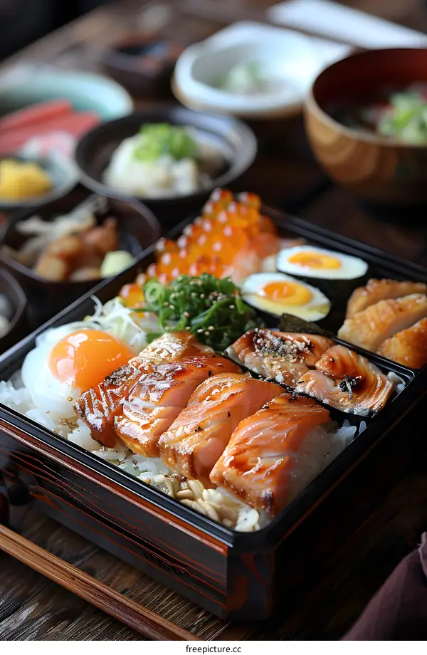 A delicious and healthy Japanese meal with grilled salmon, eggs, and vegetables
