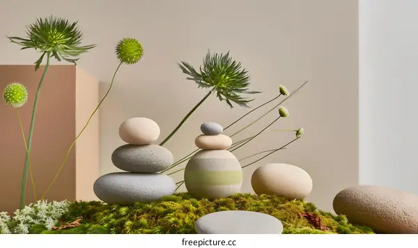 Stone Stack with Green Plants on Moss Background