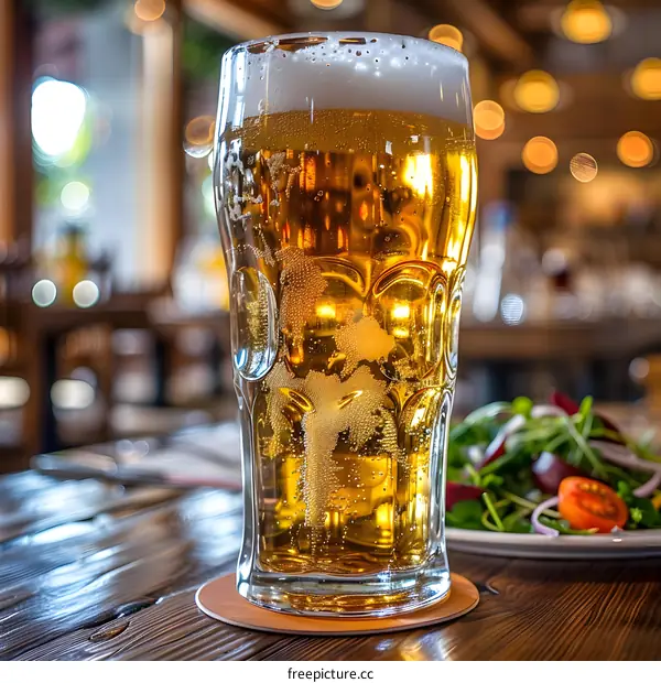 A close-up image of a full glass of beer on a table
