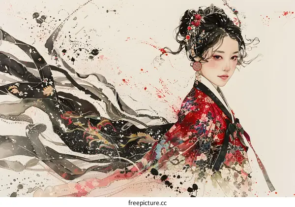 An Ink Wash Painting of a Korean Woman in Traditional Dress