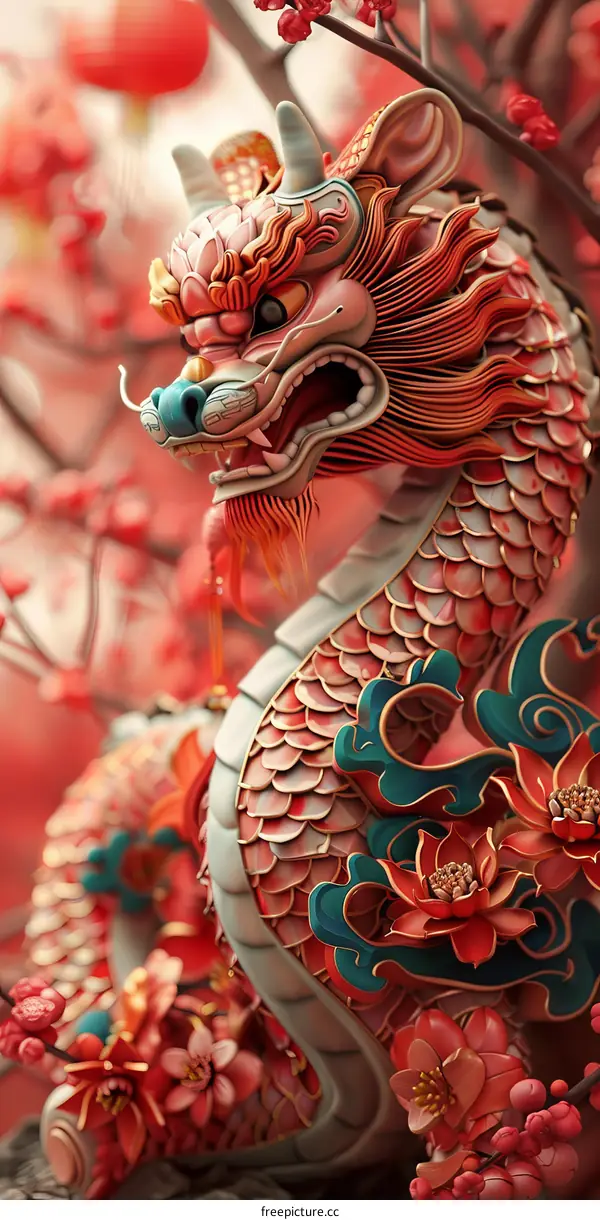 A red and gold dragon with cherry blossoms