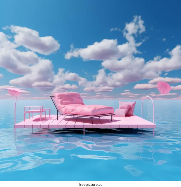 Pink surreal seascape with floating bed