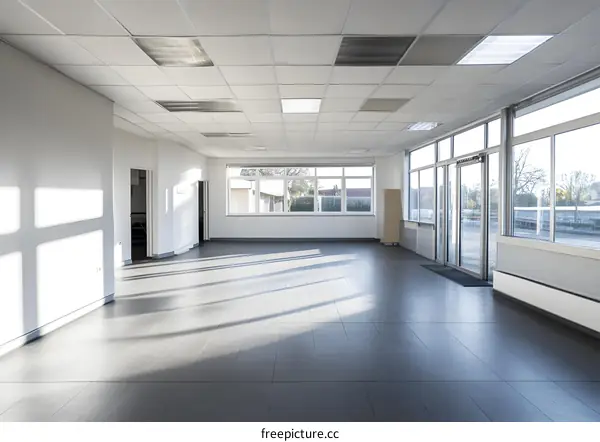 Empty Office Room With Large Windows And White Walls