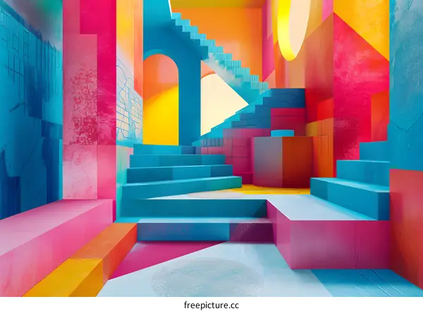 Colorful 3D geometric shapes form a surreal space