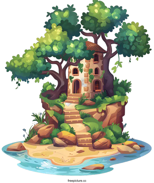 [Transparent Background PNG]Stone House on a Cliff with Trees and a River