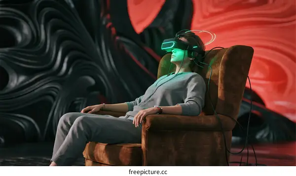 A person wearing VR headset sitting on armchair in colorful room
