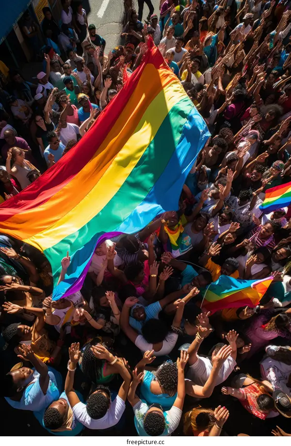 People of different ethnicities and sexual orientations gather at a pride parade and wave a large rainbow flag