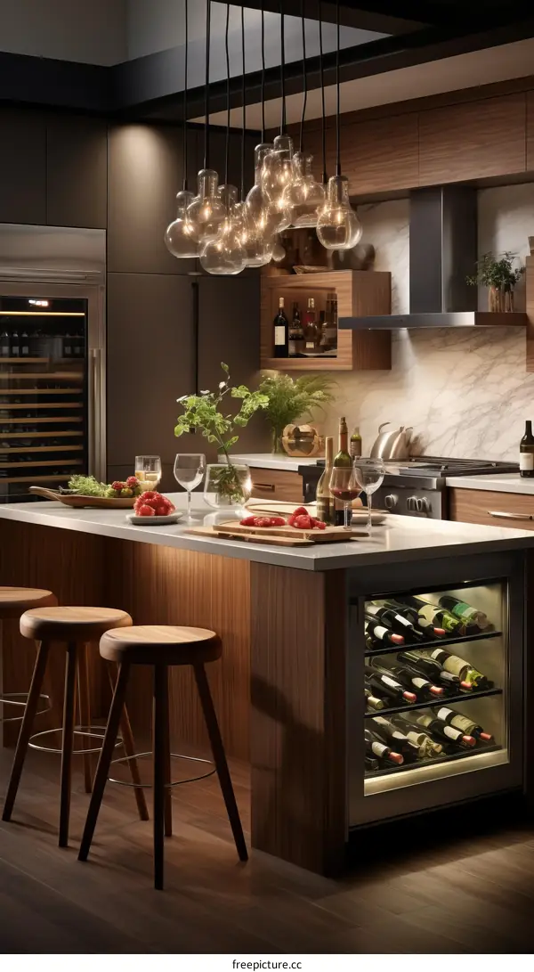 Luxury Kitchen with Wine Fridge and Glass Globe Lighting