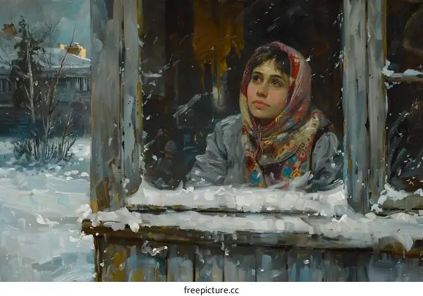 Russian peasant girl looks out the window