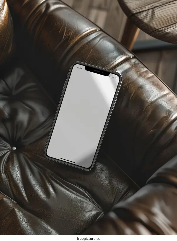 Black leather chair with a blank mobile phone on it