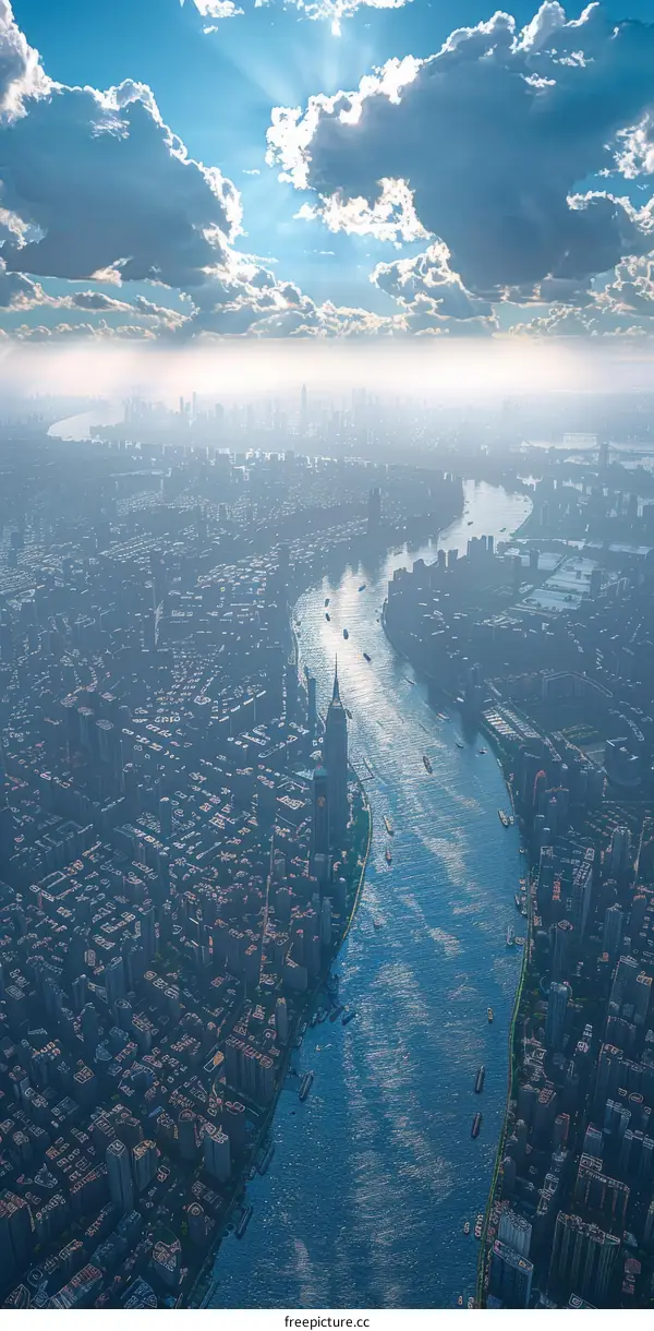 Aerial View of New York City Skyline with River