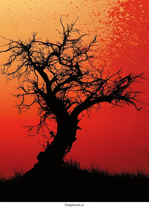 Silhouette of a Tree with Bare Branches Against a Red Sunset