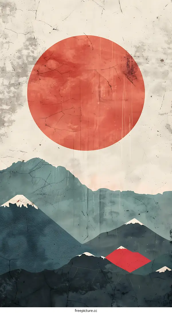Abstract Minimalist Mountain Landscape With Red Sun