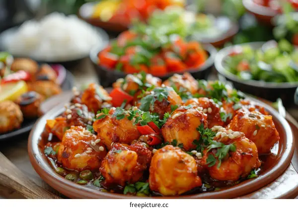 A plate of food with various side dishes