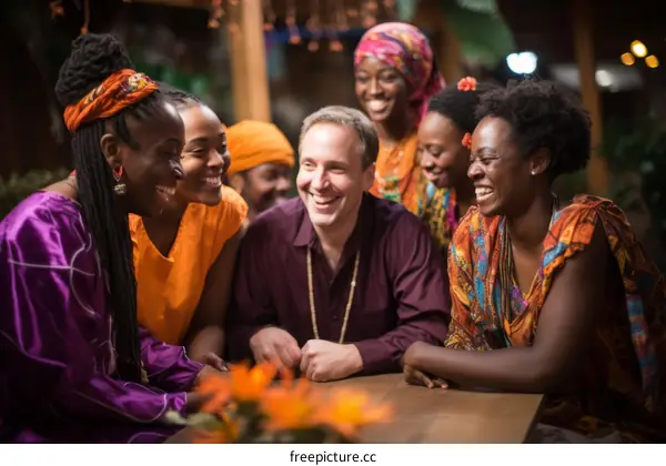 A group of people of African descent are sitting around a table and laughing.