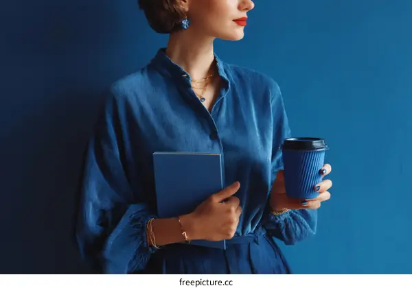 Woman in a Blue Outfit with a Book and Coffee