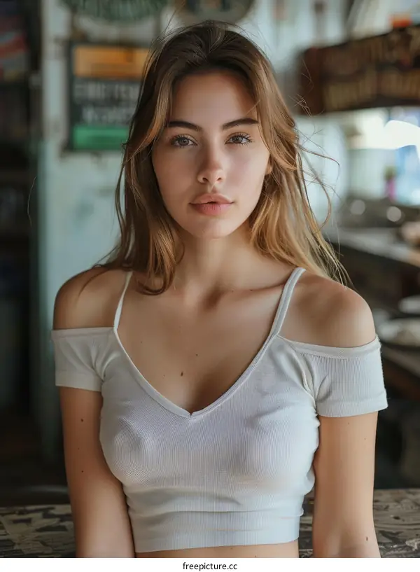 portrait of a young woman with long brown hair wearing a white off-the-shoulder shirt
