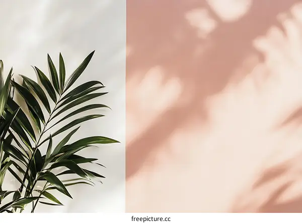 Palm Leaves and Shadows on a White and Peach Wall