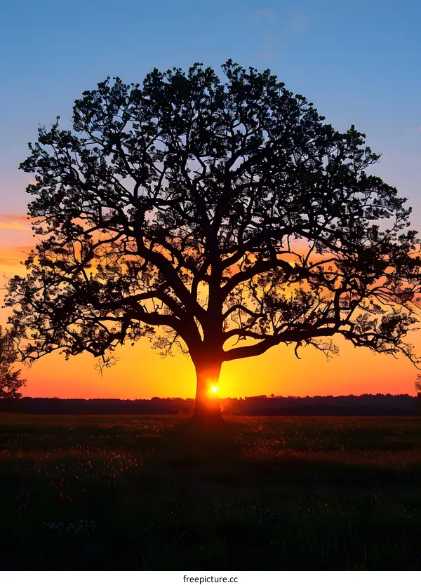 Lonely Tree in Field at Sunset