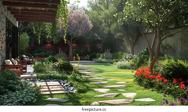 A Stone Path in a Colorful Garden