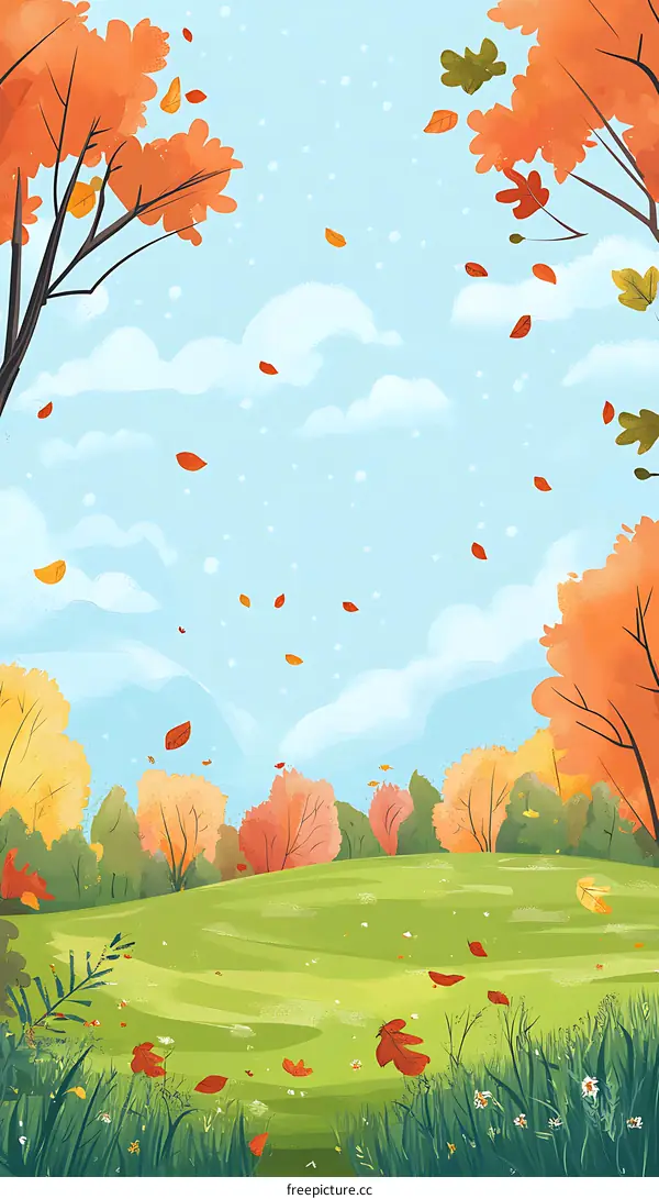 Autumn Landscape with Falling Leaves and Green Grass