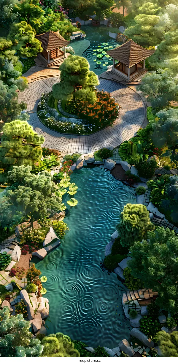 A beautiful Chinese garden with a pond, trees, and pavilions
