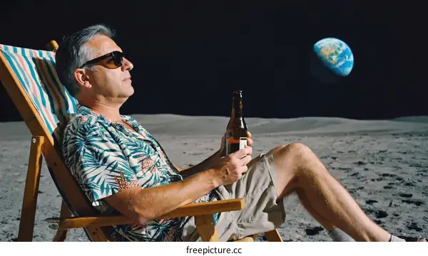 Man Relaxing on the Moon with Earth in Background