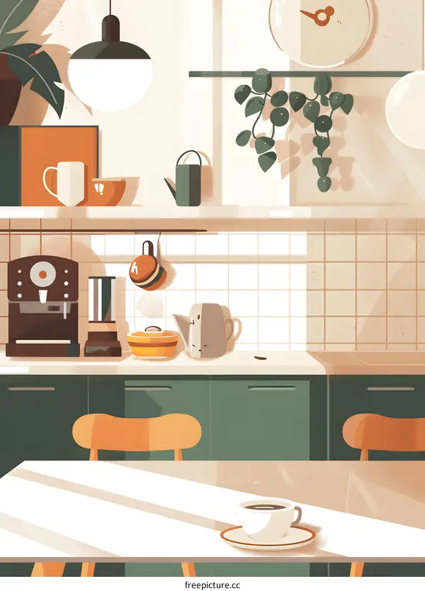 Modern Kitchen Interior Illustration With Coffee Pot, Cups, And Plants
