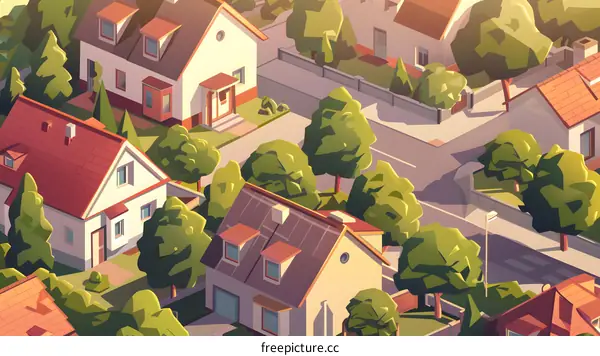 Aerial View of a Suburban Neighborhood with Houses and Trees