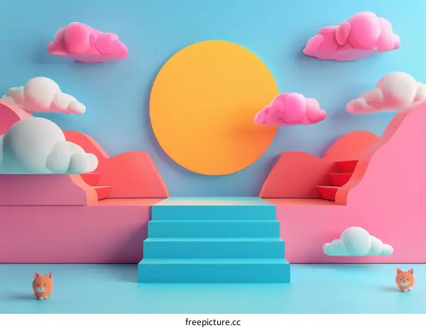 Playful Cat in a Surreal Landscape with Clouds and Hills