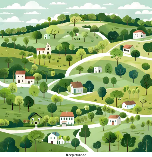 Green Hills Village Houses Landscape Illustration