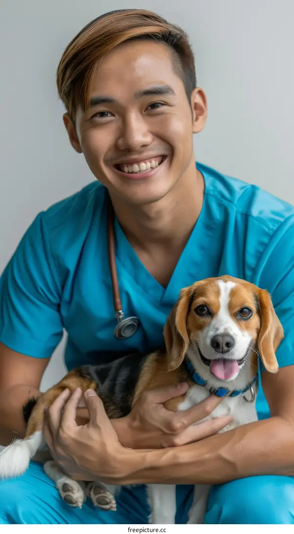 Portrait of a happy young Asian veterinarian holding a Beagle dog