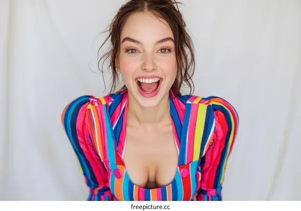 A Caucasian Woman Smiling Widely in a Colorful Striped Top