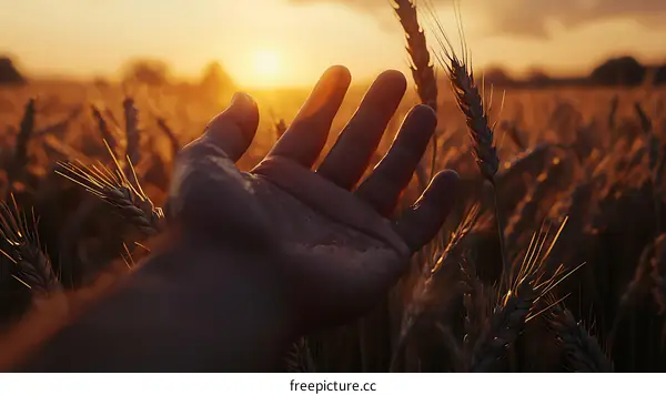 A Hand Reaches to the Golden Wheat Field at Sunset