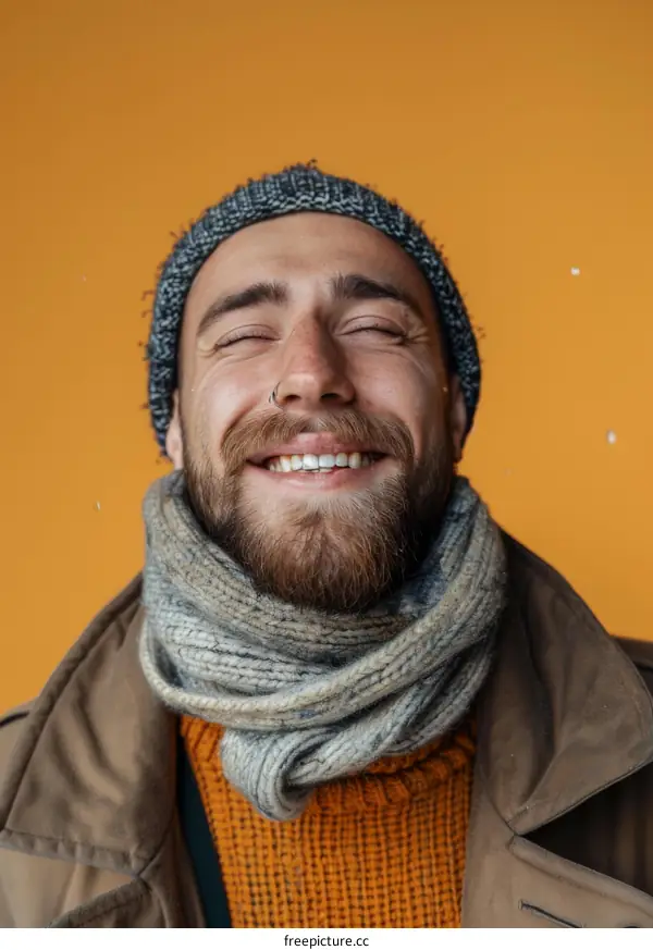 Smiling Man Wearing Winter Accessories on a Mustard Background