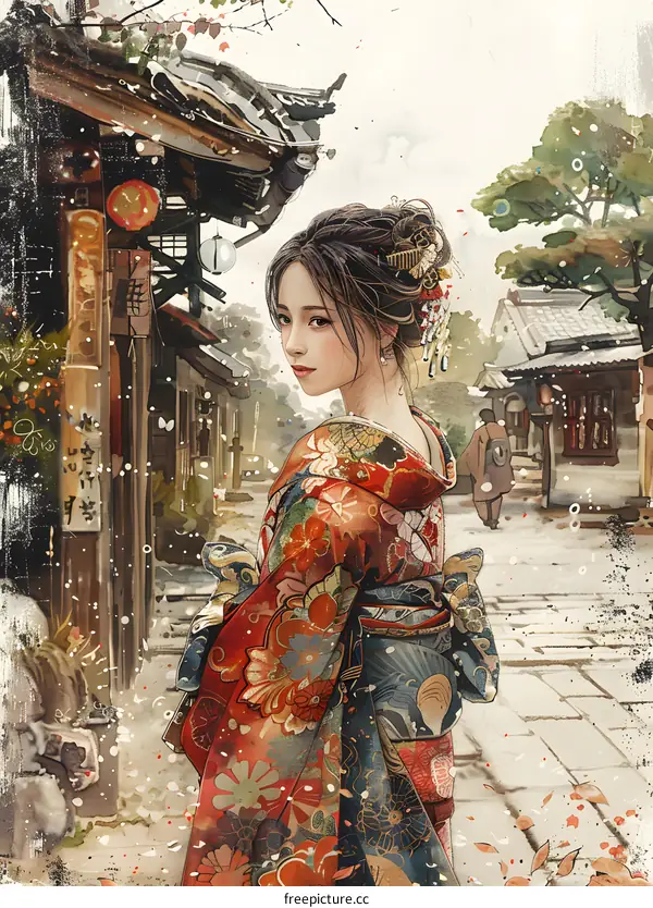 A woman wearing a kimono is walking down a street in Japan.