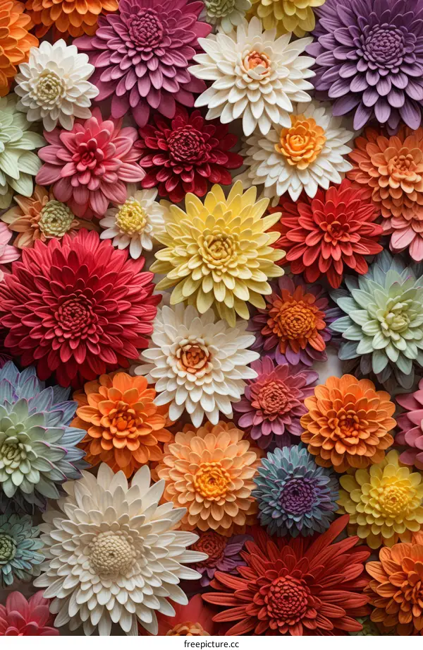 Colorful 3D flowers of different sizes and colors arranged together