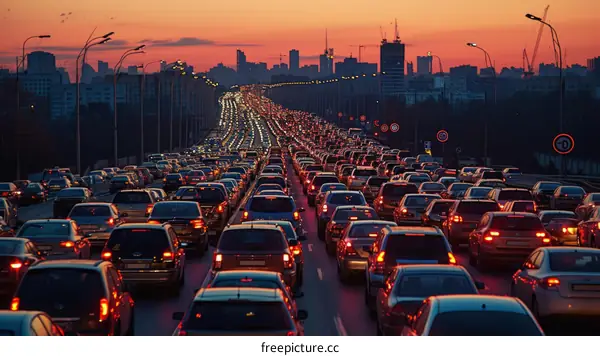 A long line of cars on a busy highway during rush hour in the evening.