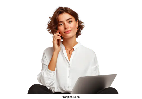 [Transparent Background PNG]Caucasian Woman Working on a Laptop While Talking on a Phone