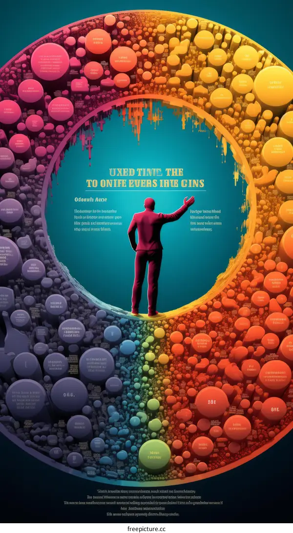 A businessman standing in the center of a colorful circle of bubbles.