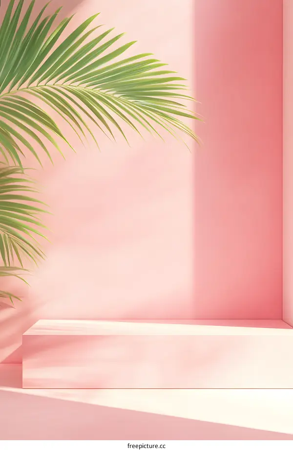 Pink Minimalist Background With Palm Leaves And Platform